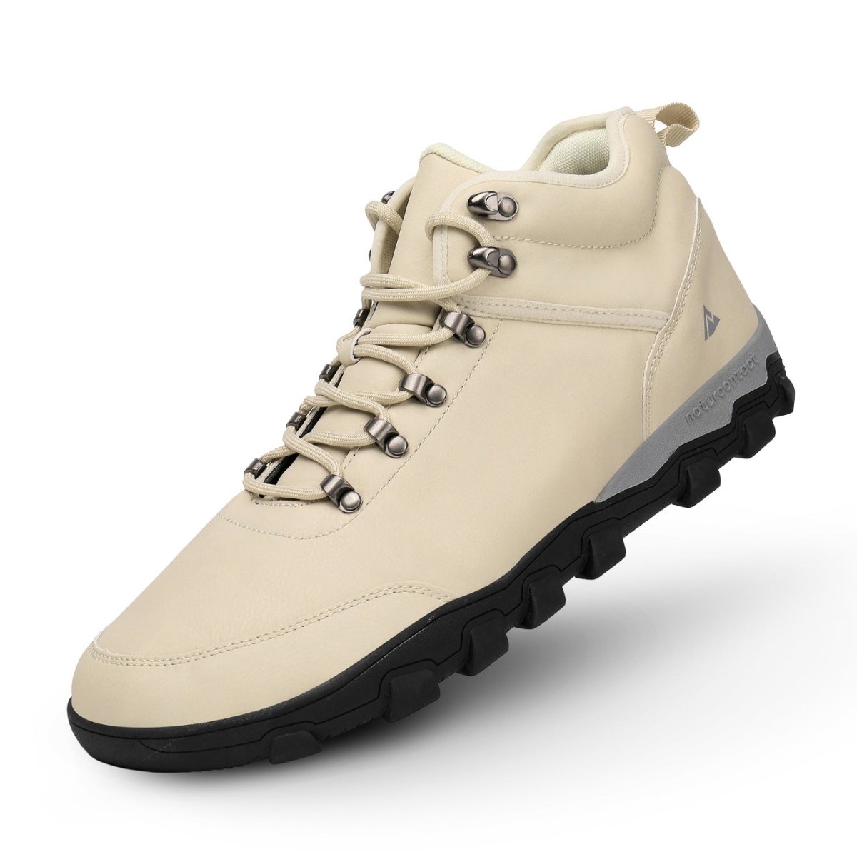 Sand hiking boot with black sole on a white background