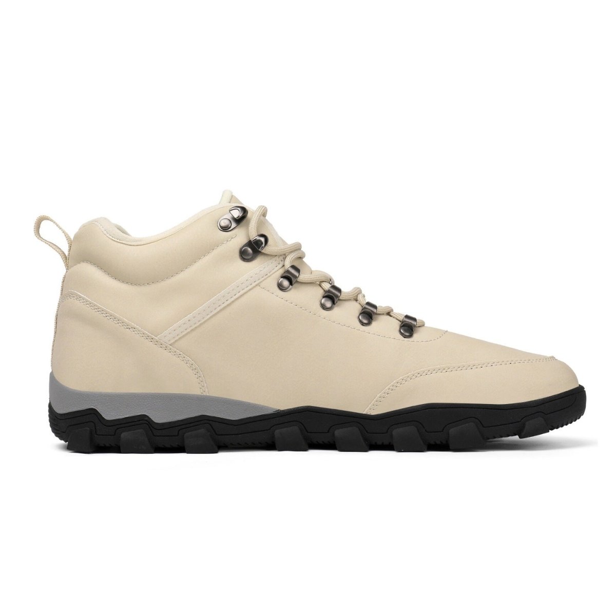 Sand hiking boot with black sole on a white background