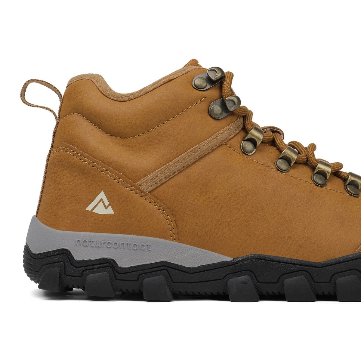 Brown hiking boot with brand logo on a white background