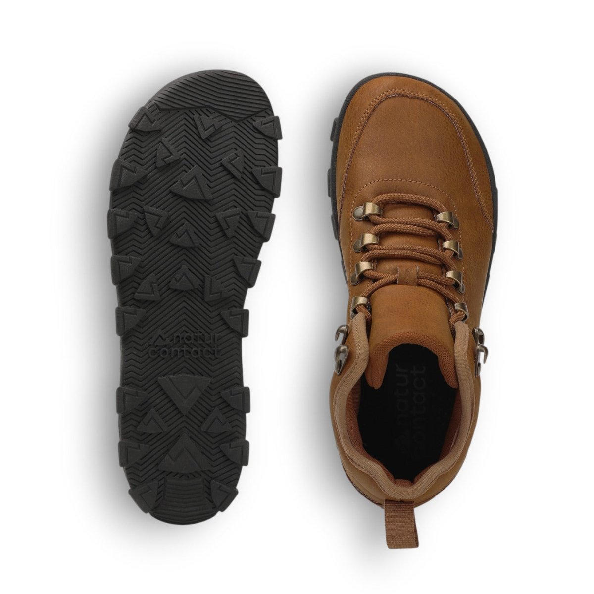 Brown leather boot with black sole on a white background