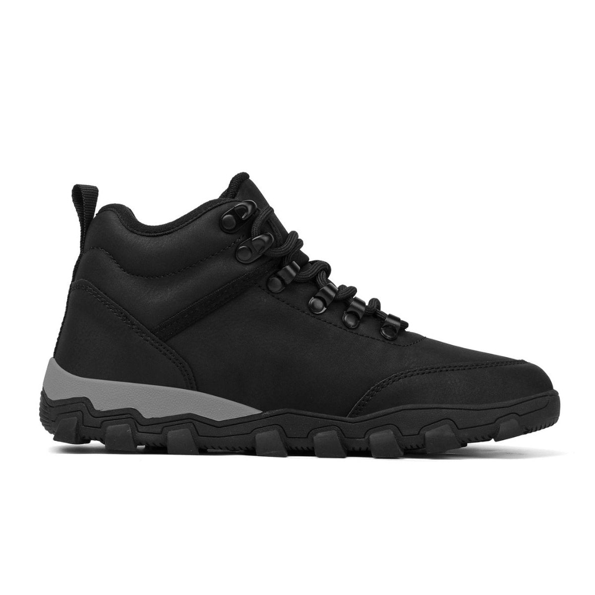 Black hiking boot with gray sole on a white background