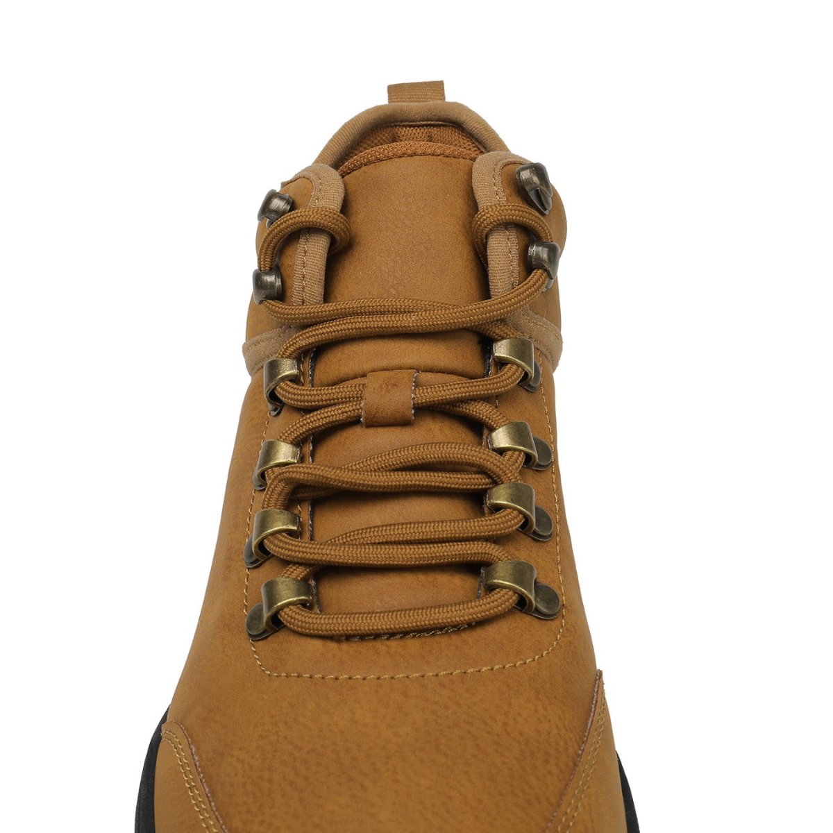 Brown leather boot with gold lace eyelets on a white background