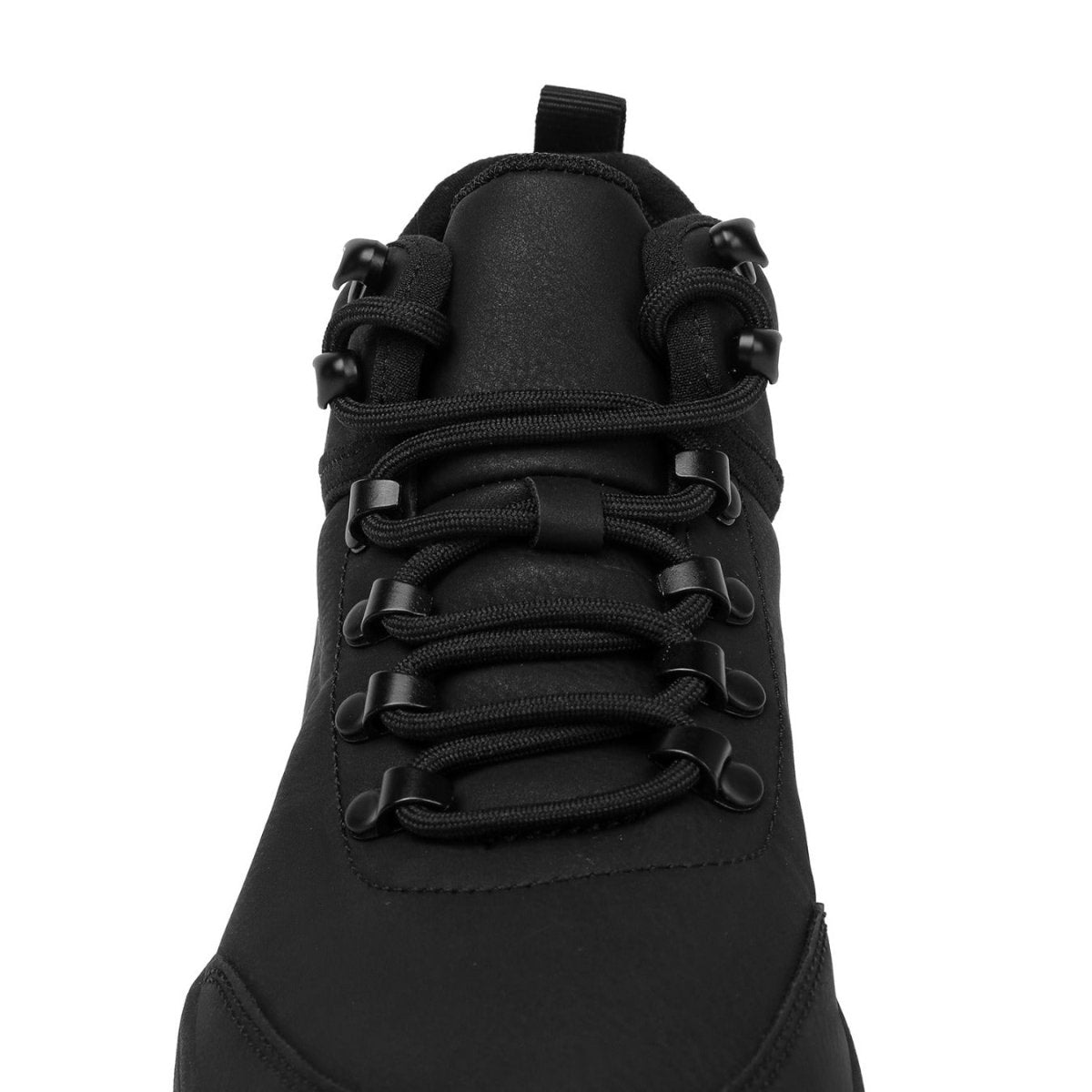 Black high-top sneaker with laces on a white background