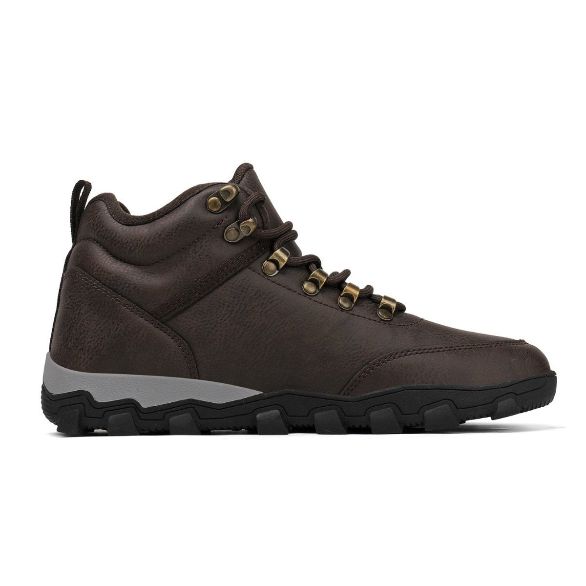 Brown hiking boot with gray sole on a white background