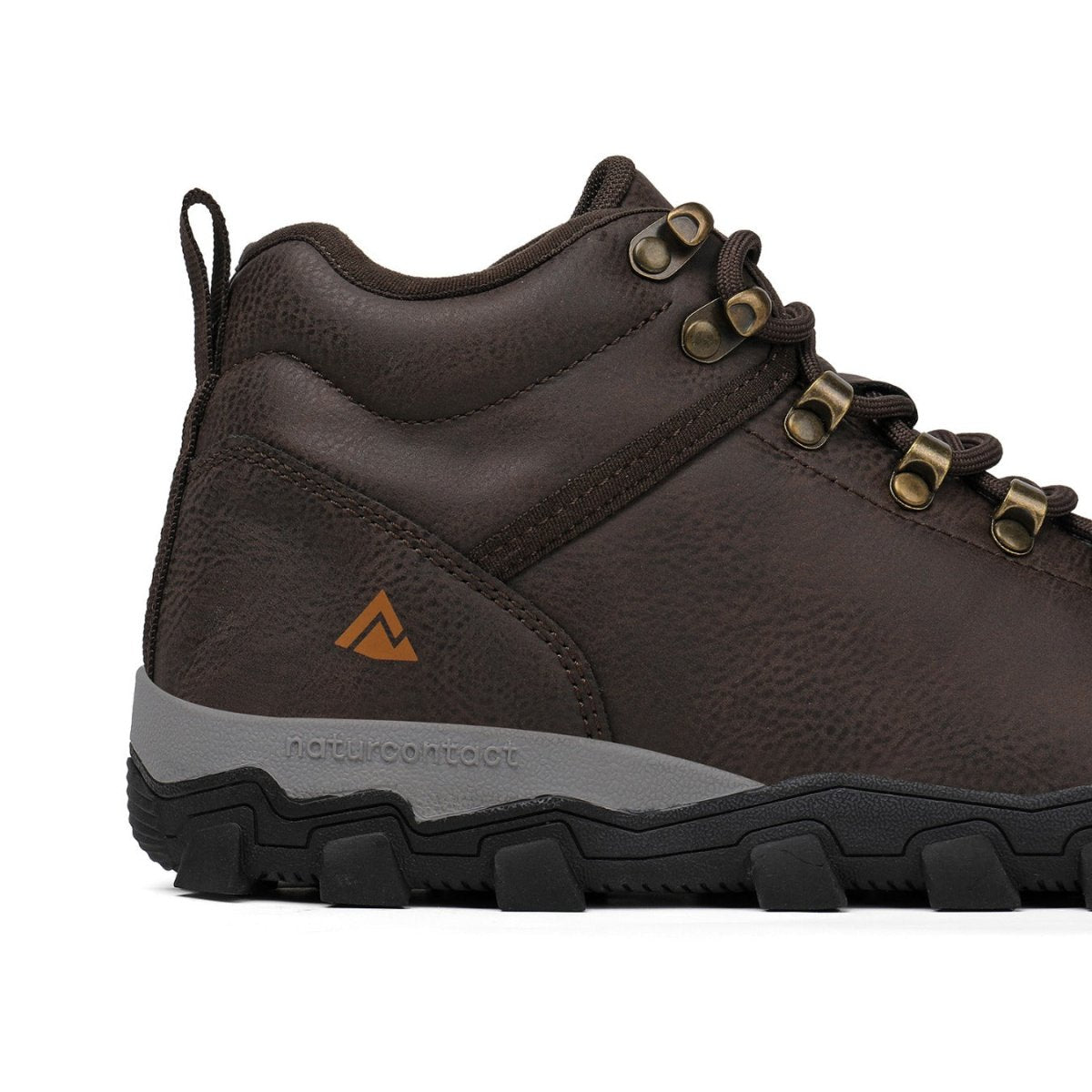 Brown hiking boot with a visible brand logo on a white background