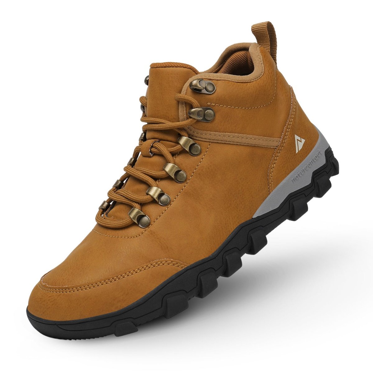 Brown hiking boot with black sole on a white background