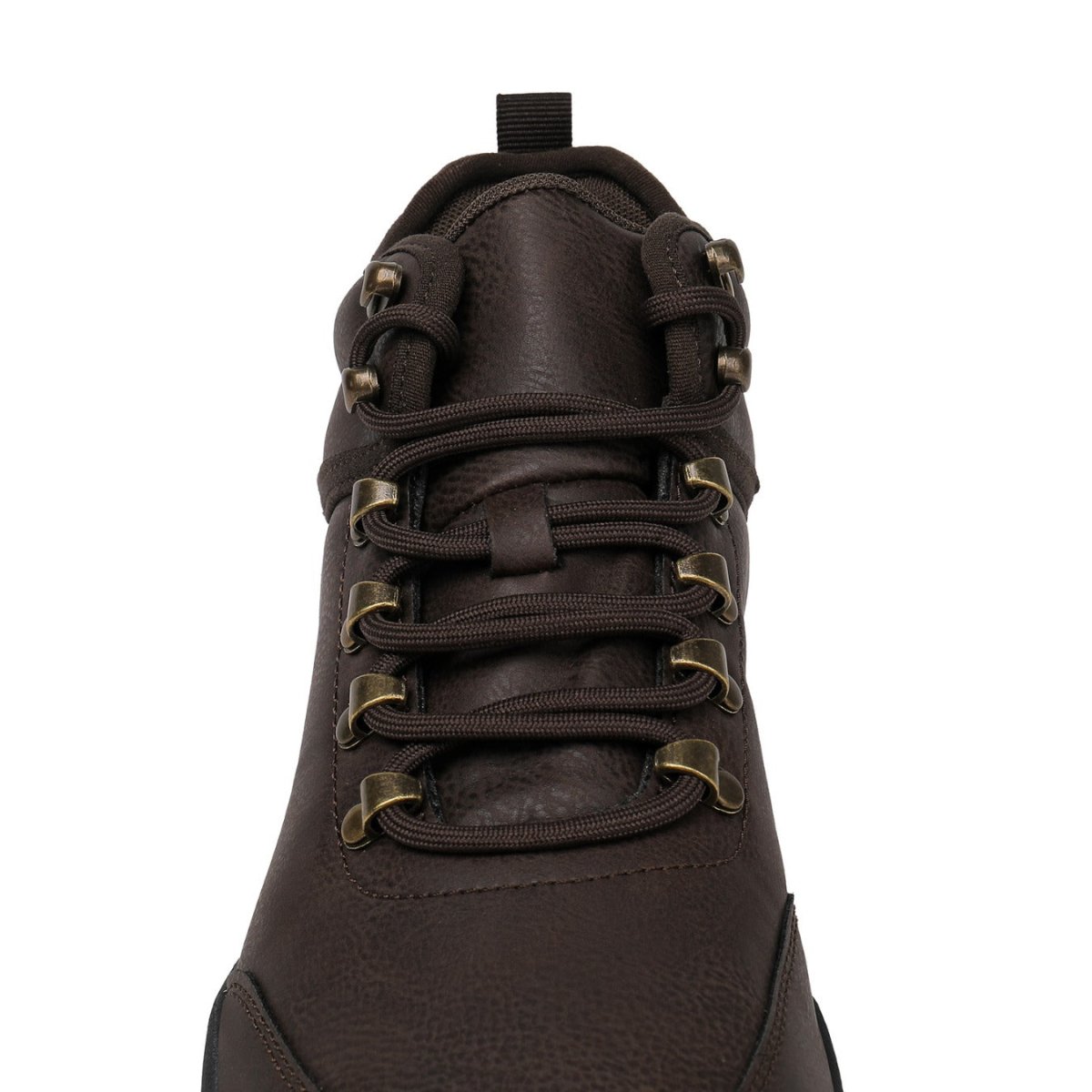 Brown leather boot with laces on a white background