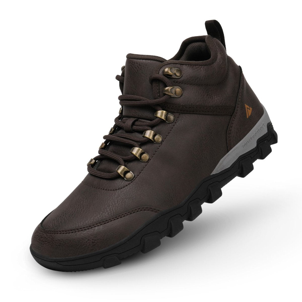 Brown leather boot with a gray sole on a white background