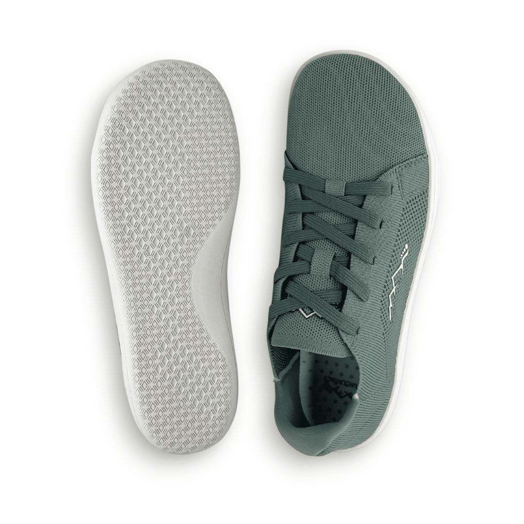 Naturcontact Urban Pro 2.0 barefoot shoes in Sage Green, top and sole view showing breathable knit upper, lace closure, and flat flexible outsole