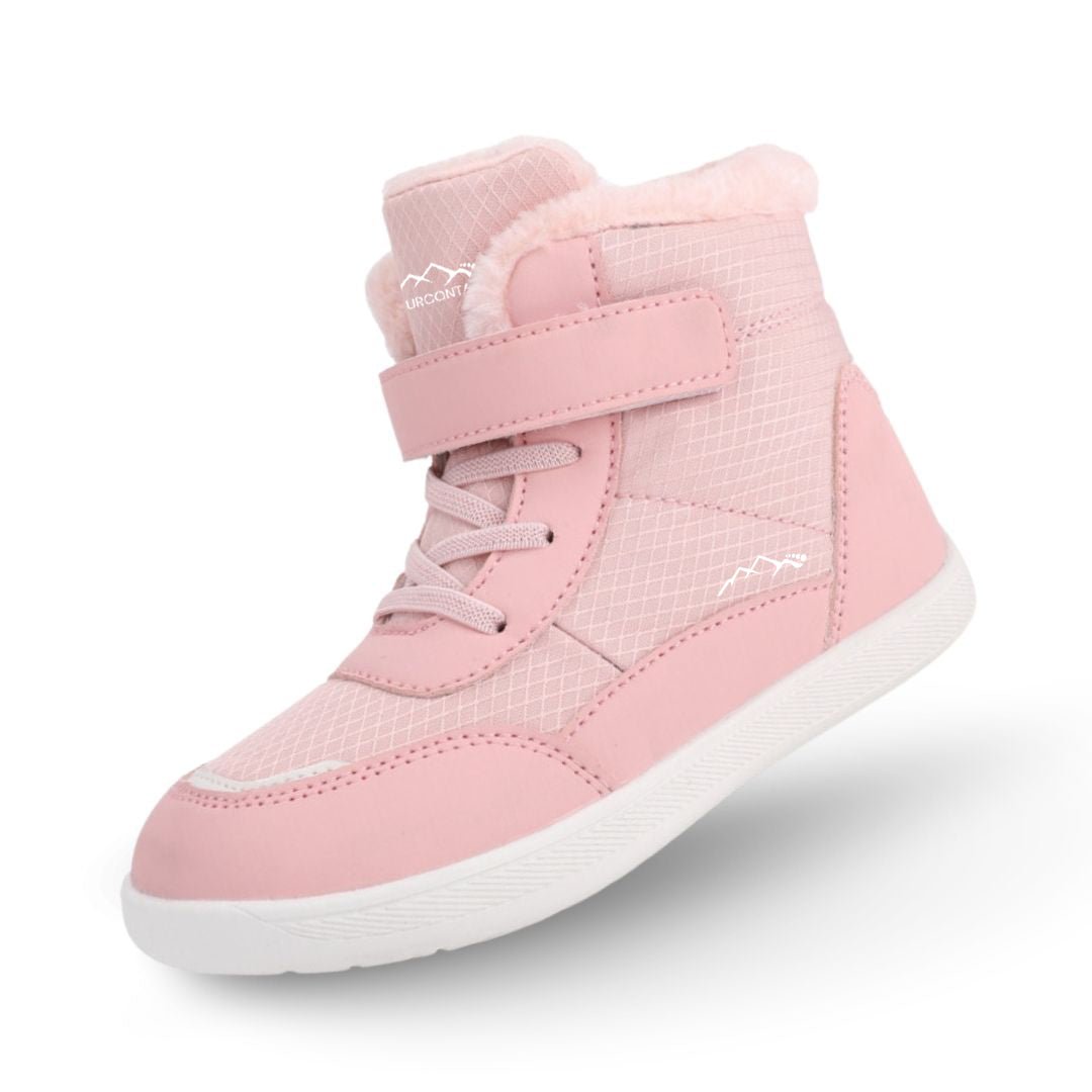 Naturcontact Winter Mini Contact kids barefoot winter boots in Pink with fleece lining, high ankle design, adjustable strap, and flexible minimalist sole for cold weather comfort