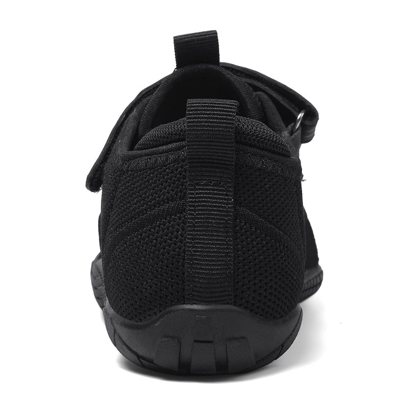 Black athletic barefoot shoe for kids back view