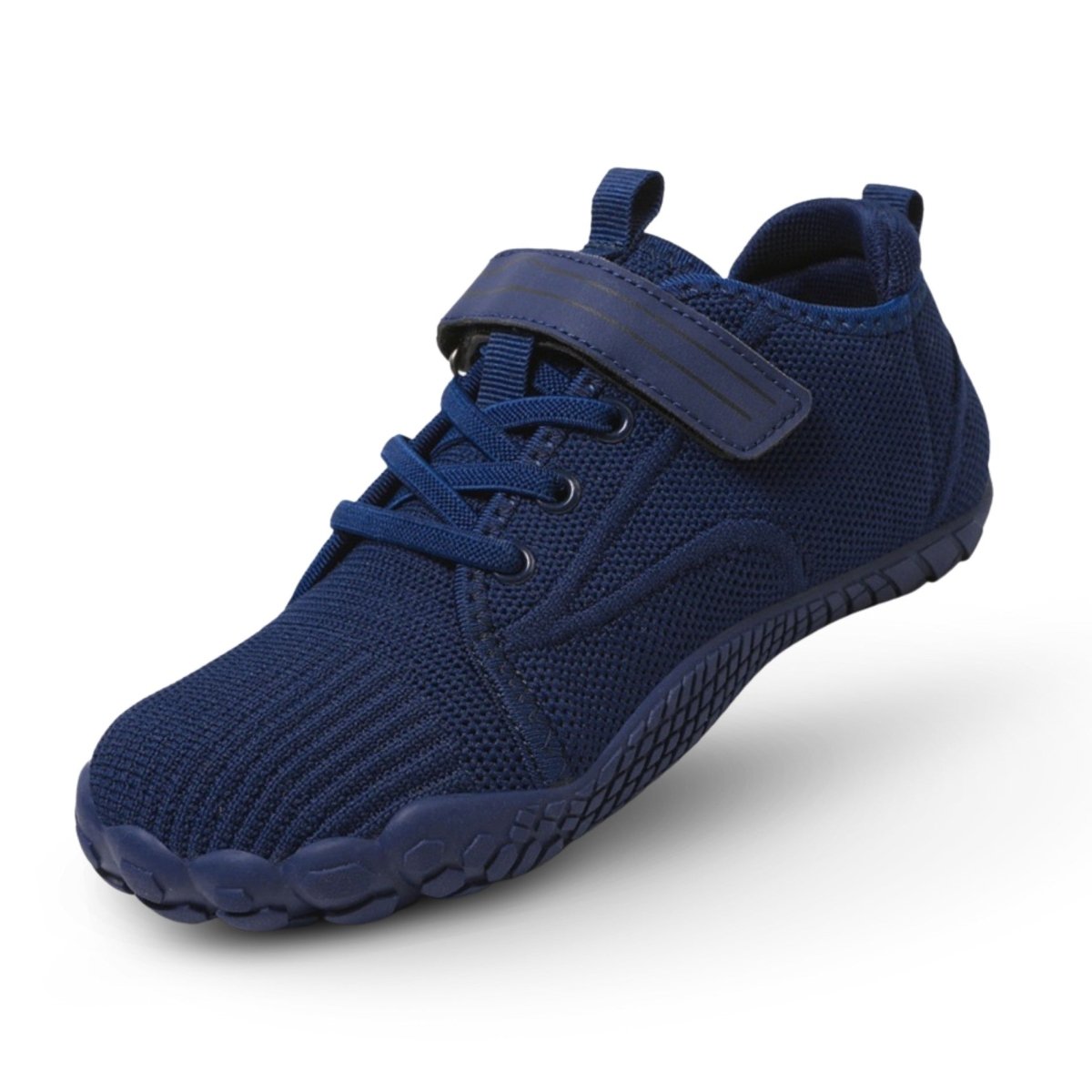 Blue barefoot sneaker for kids with a strap on a white background