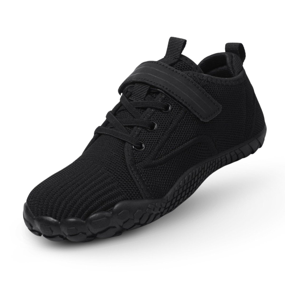 Black athletic barefoot shoe for kids on a white background