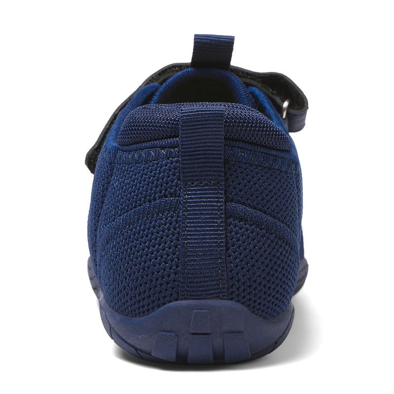 Blue barefoot sneaker for kids with a strap back view