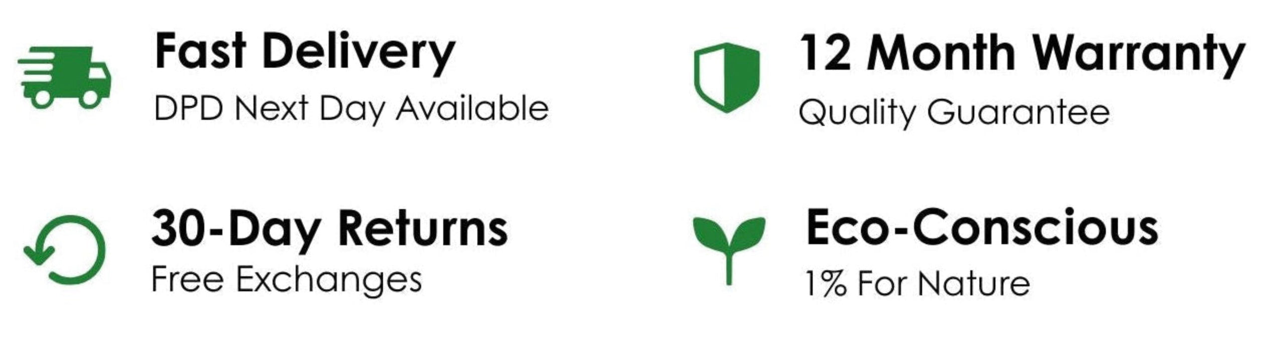 Set of icons and text highlighting product features on a white background