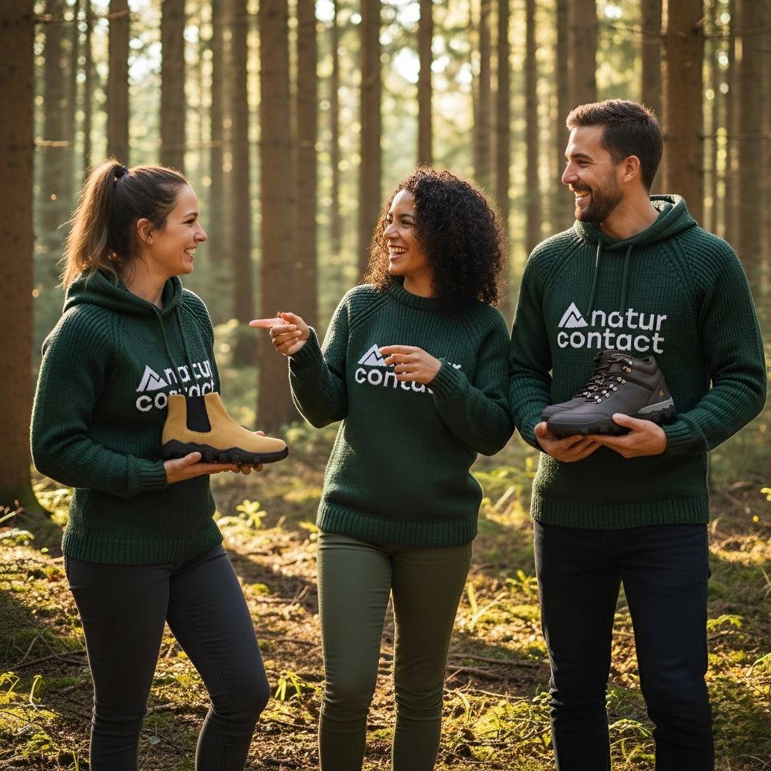 Three people in green 'natur contact' sweatshirts standing in a forest, holding barefoot shoes.