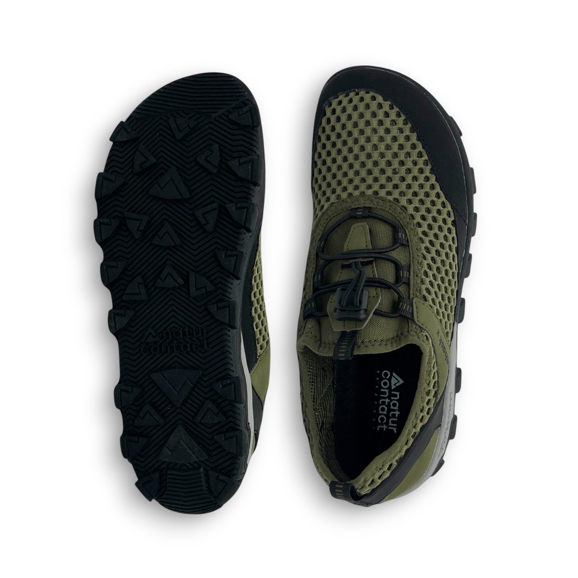 Military Green hiking trekking barefoot shoes Naturcontact with black sole details top and bottom views