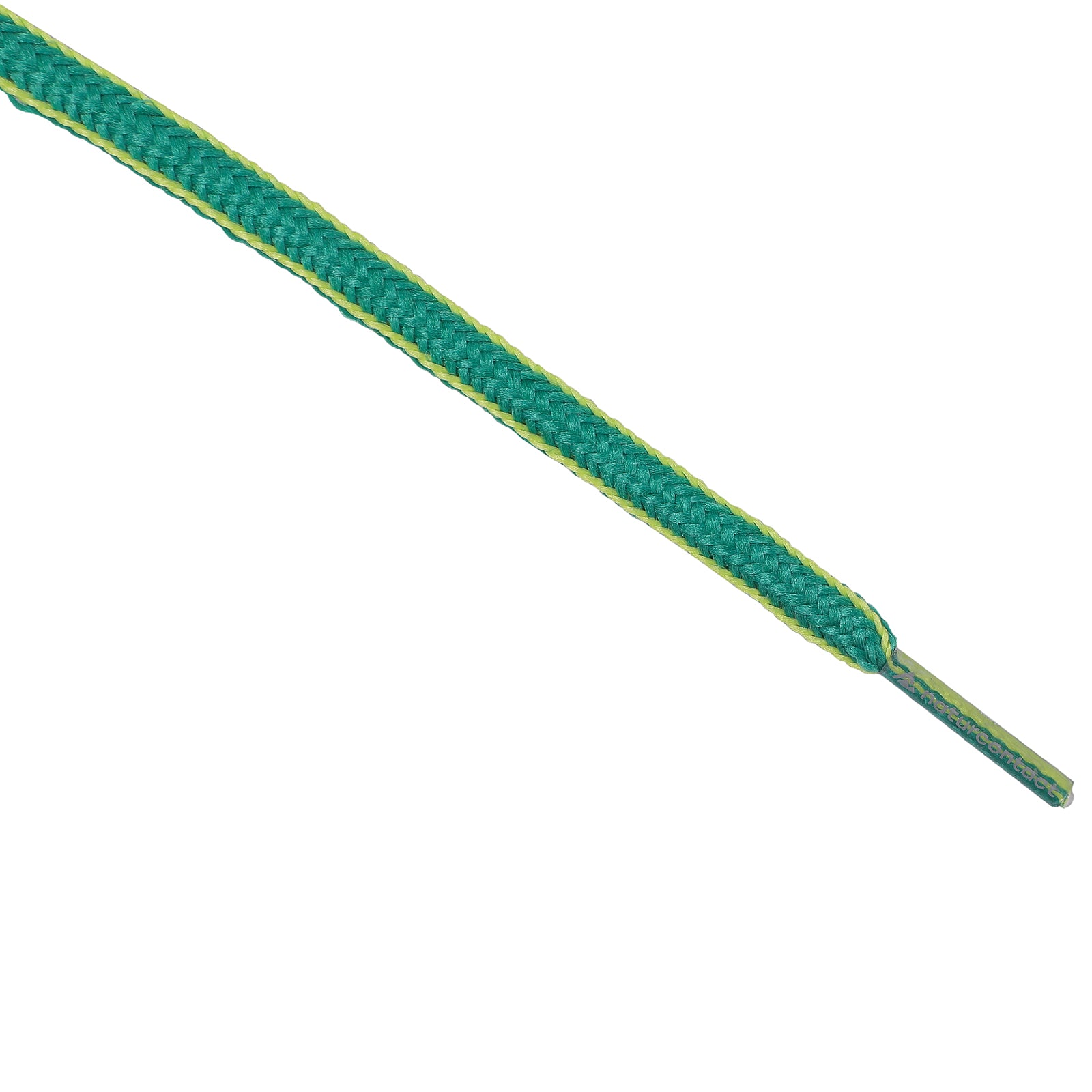 Close-up of green and yellow woven shoelaces showing the textured braid pattern.