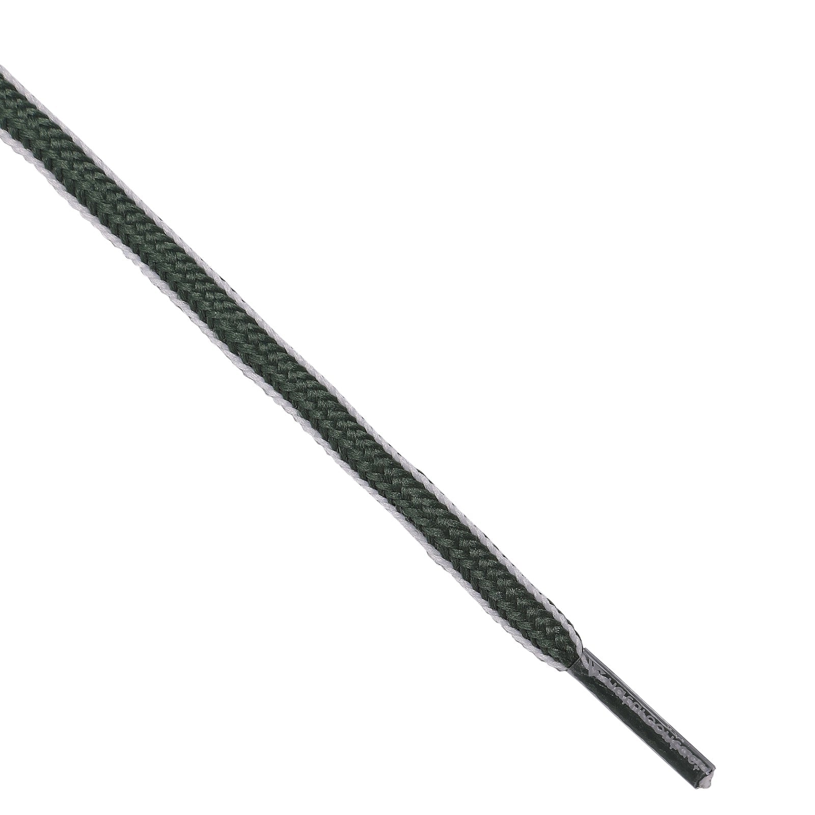 Close-up view of a dark green and white woven shoelace showing the braided texture.