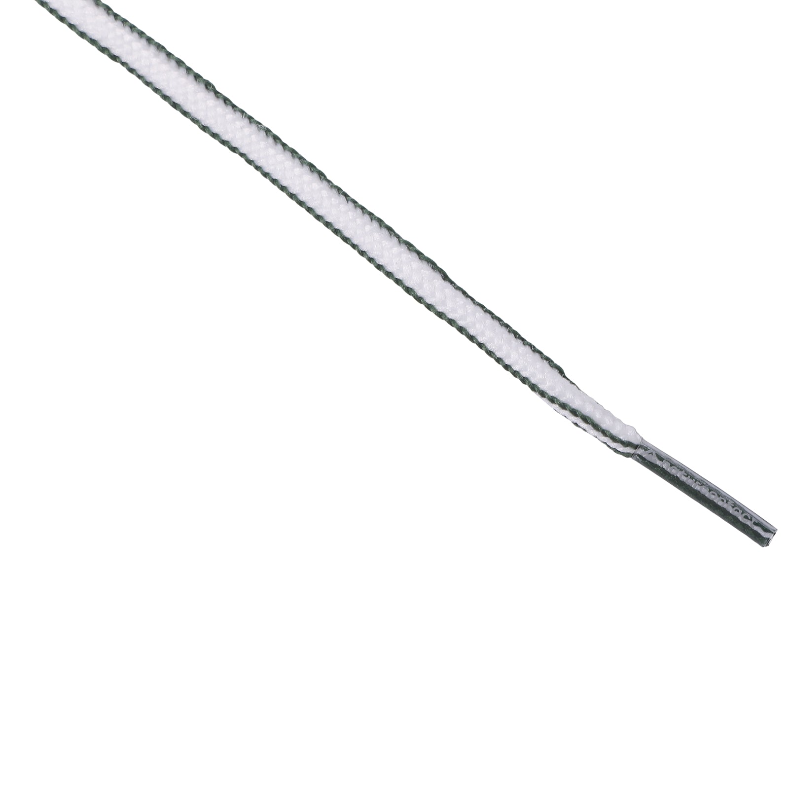 Flat shoelace in dark green and white with sturdy plastic aglet.