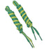 Pair of two-tone green and yellow braided shoelaces with plastic aglets.