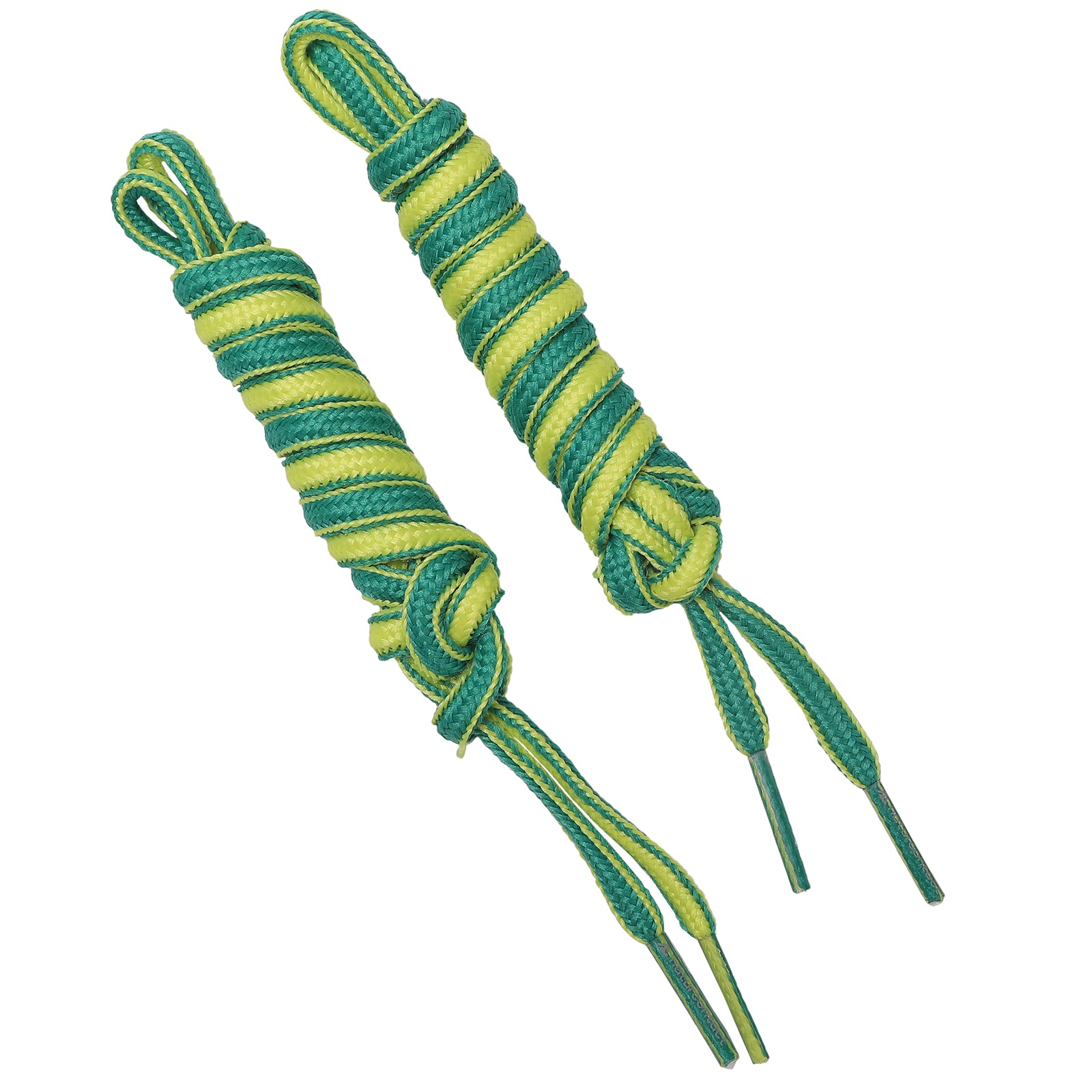 Pair of two-tone green and yellow braided shoelaces with plastic aglets.
