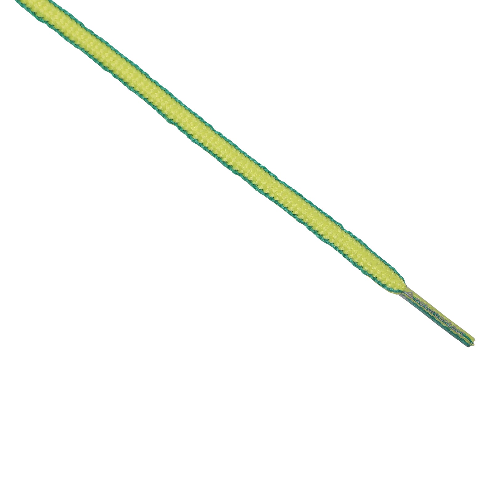 Green and yellow flat braided shoelace with durable aglet tip.