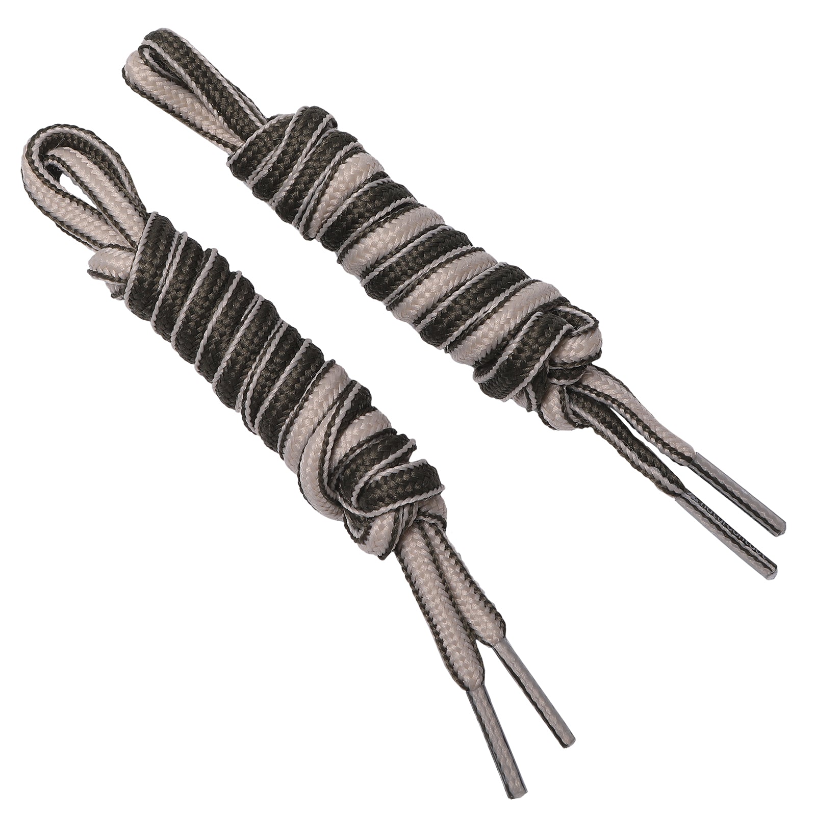 Pair of brown and beige braided shoelaces with strong plastic aglets.