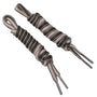 Pair of brown and beige braided shoelaces with strong plastic aglets.