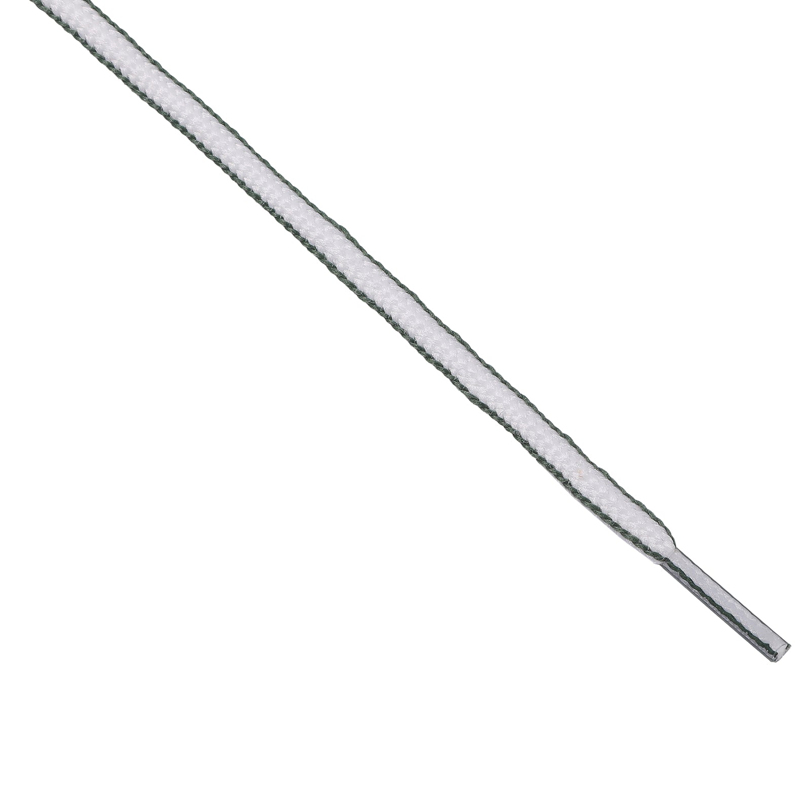 Close-up of a brown and beige flat woven shoelace highlighting the braid texture.