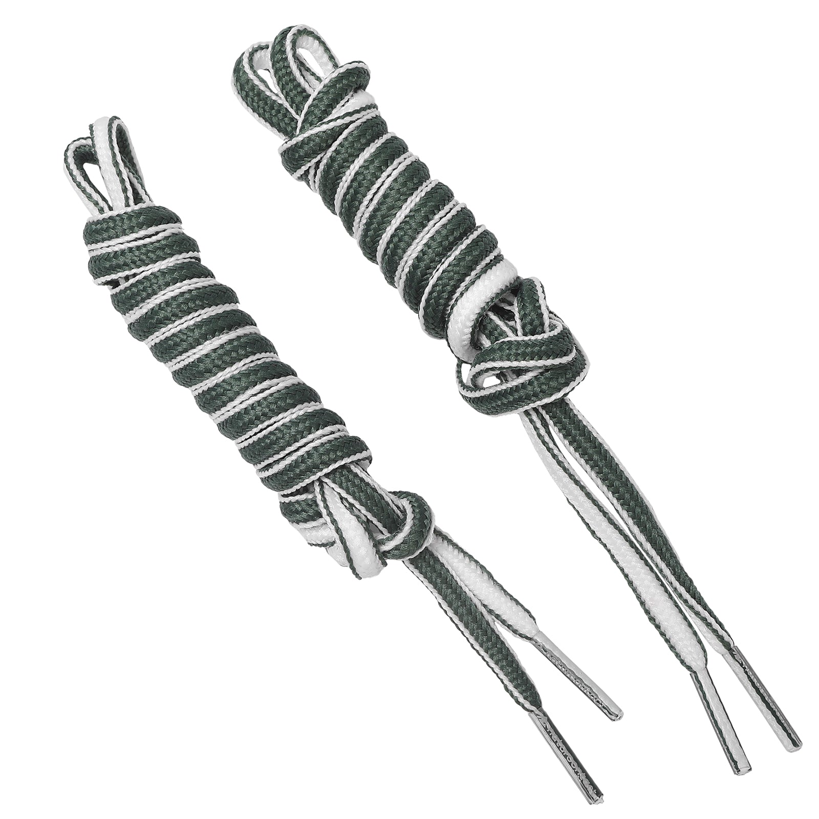 Pair of two-tone dark green and white braided shoelaces with reinforced tips.