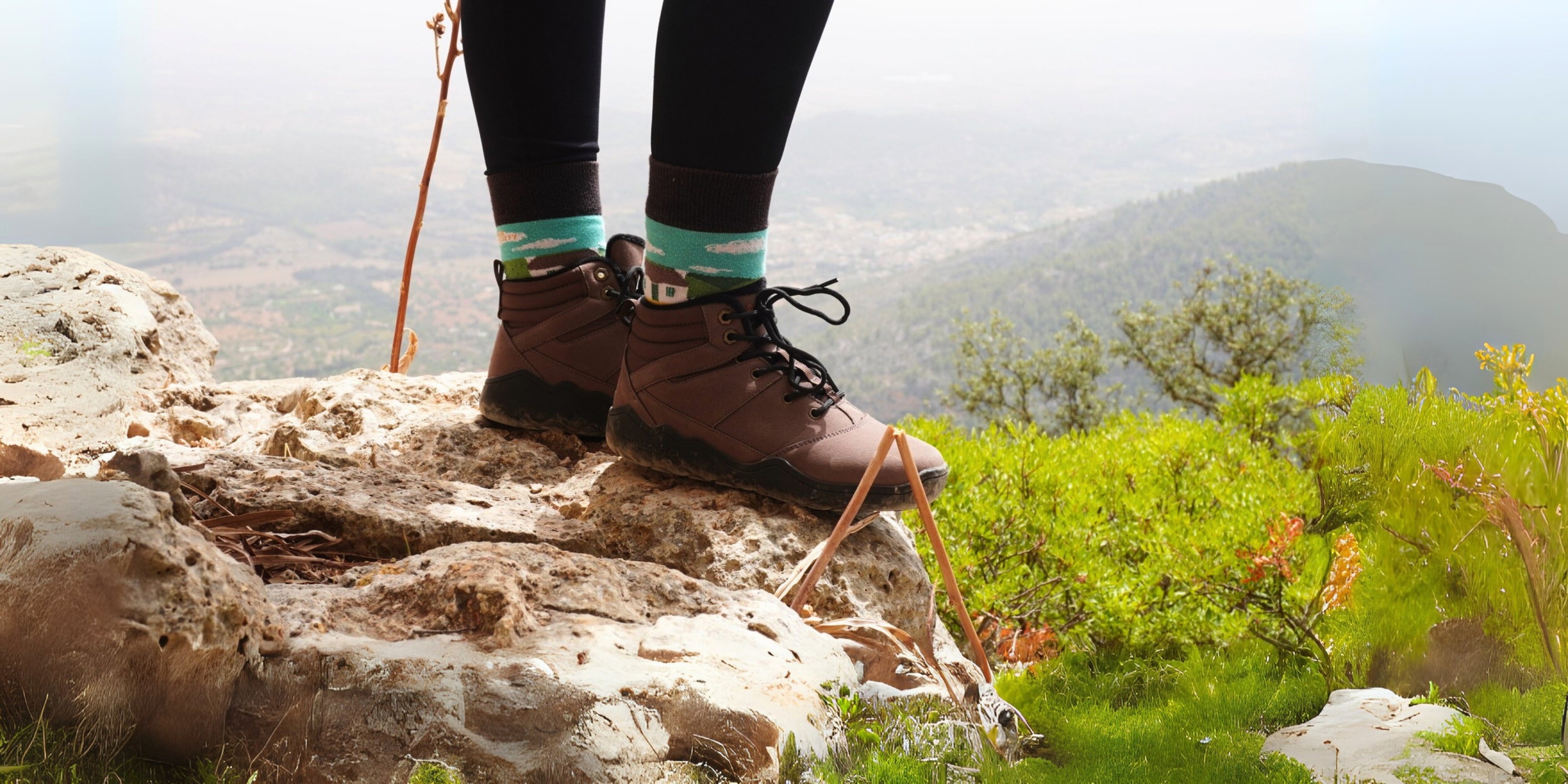 Brown hiking boots on a rocky outcrop with a scenic mountain background