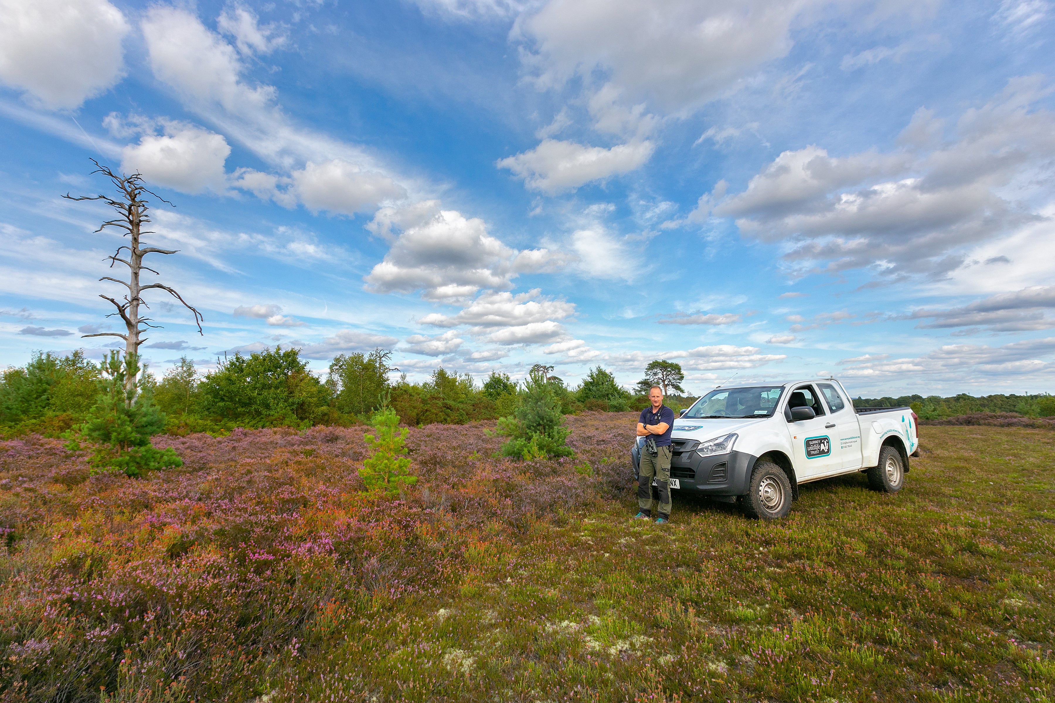 Surrey Wildlife Trust ranger beside a 4x4 vehicle while monitoring the heathland.