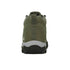 A single high-top hiking boot shown from the rear on a plain white background. The boot is olive green with a black and gray sole.