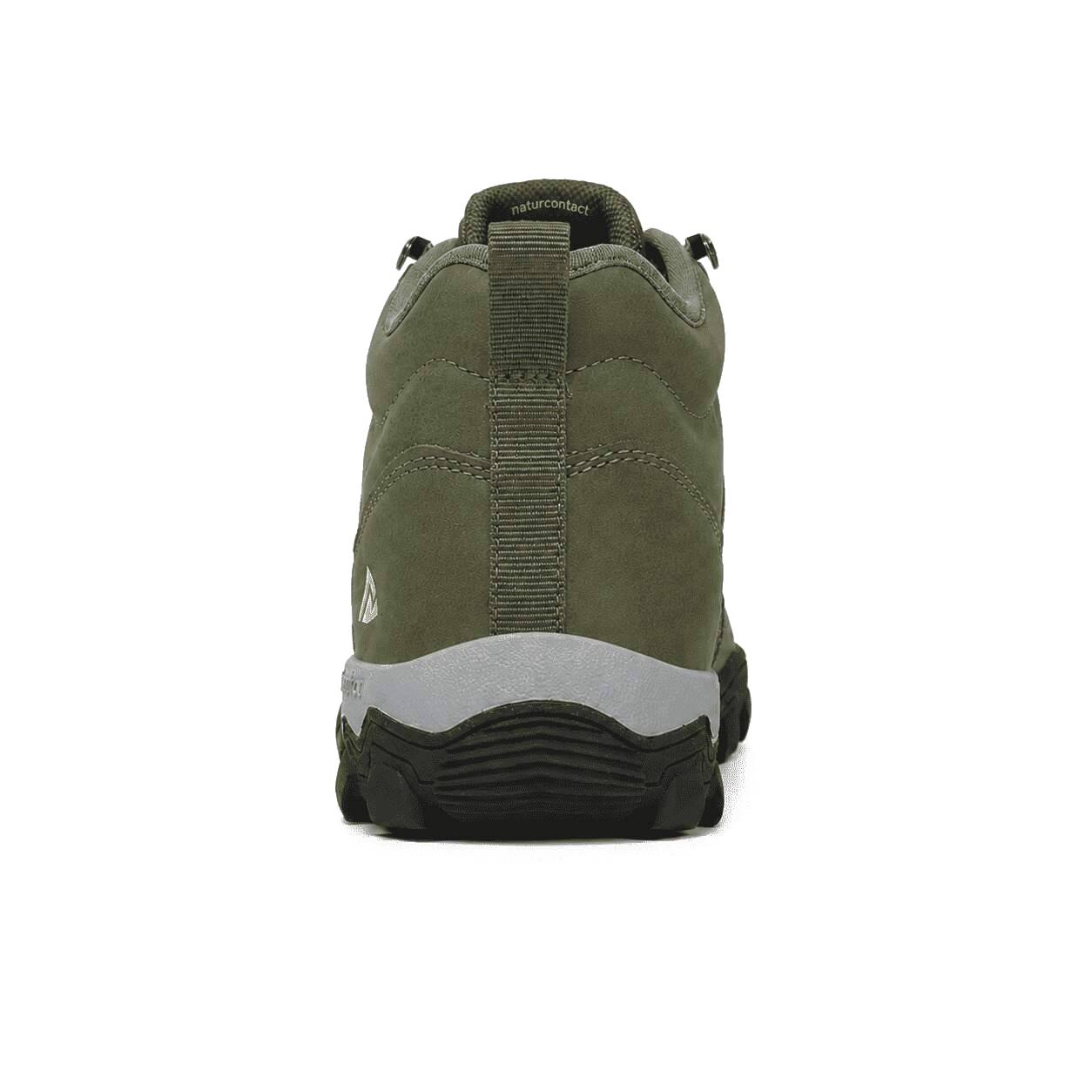 A single high-top hiking boot shown from the rear on a plain white background. The boot is olive green with a black and gray sole.