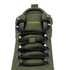 Close-up of the lace-up area of an olive green boot with black laces and silver metal eyelets, showing the gold 'naturcontact' logo on the tongue, against a white background.