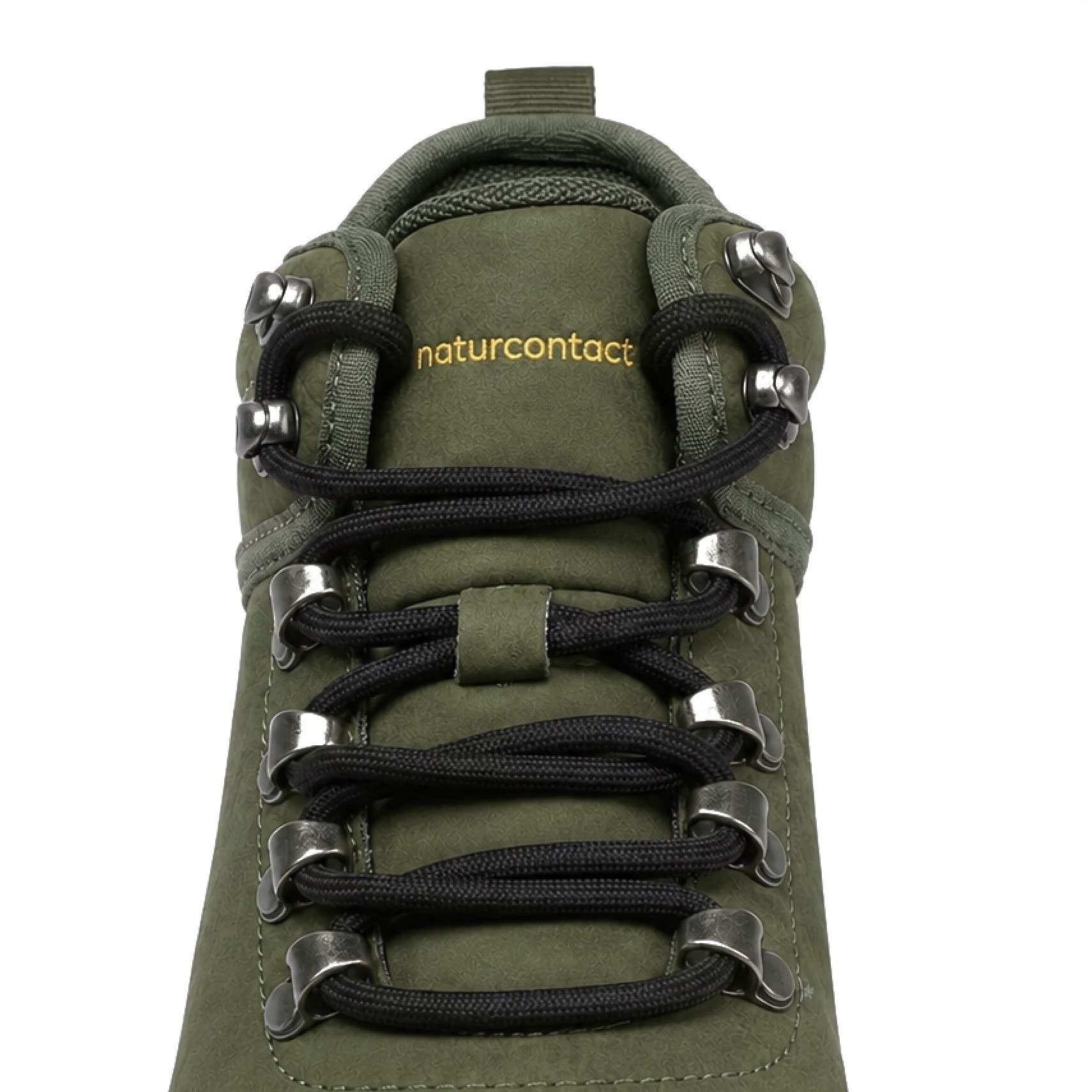 Close-up of the lace-up area of an olive green boot with black laces and silver metal eyelets, showing the gold 'naturcontact' logo on the tongue, against a white background.