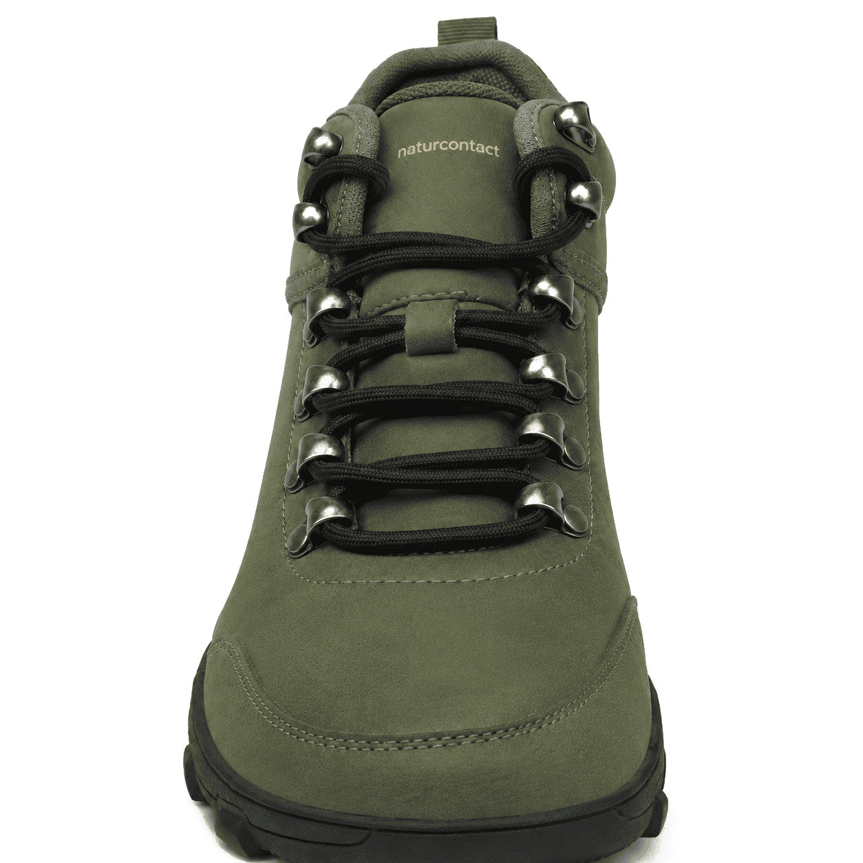 An olive green high-top lace-up boot with black laces, silver metal eyelets, and a black outsole, shown against a plain white background. The brand name 'naturcontact' is visible on the tongue.