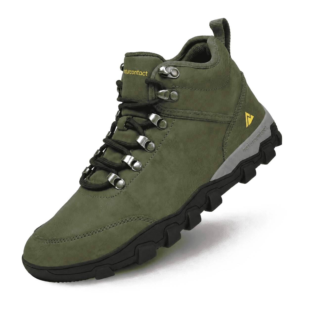 An olive green mid-cut hiking boot with black laces, silver metal eyelets, a black and gray sole, and a small yellow logo on the side, shown on a white background.