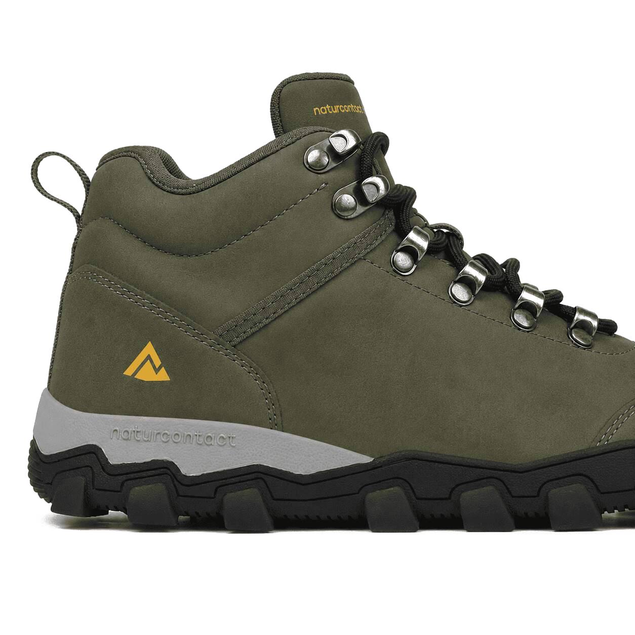 An olive green mid-cut hiking boot with black laces, silver metal eyelets, a gray midsole, and a black lug sole. The brand 'naturalscouts' is visible on the tongue and midsole.