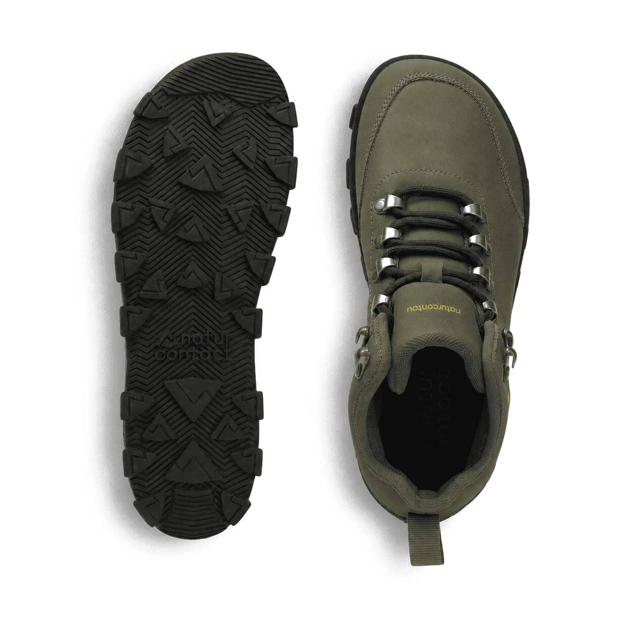 An olive green hiking boot shown from two angles: a top-down view displaying the lace-up front and side profile, and a bottom view showing the rugged black treaded outsole. The brand 'Mossy Oak' is visible in gold lettering near the collar.