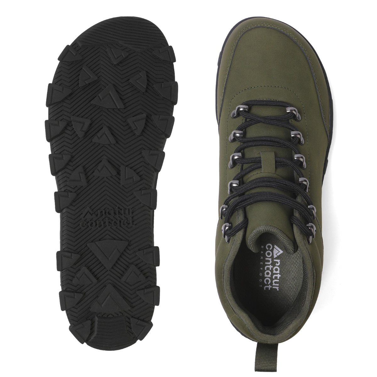 An olive green hiking boot shown from two angles: a top-down view displaying the lace-up front and side profile, and a bottom view showing the rugged black treaded outsole. The brand 'Mossy Oak' is visible in gold lettering near the collar.