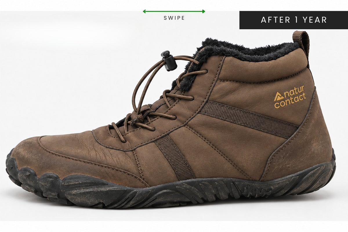 Side view of a brown Naturcontact Arctic Contact 4.0 boot with creases and scuffs, labelled “After 1 Year”.