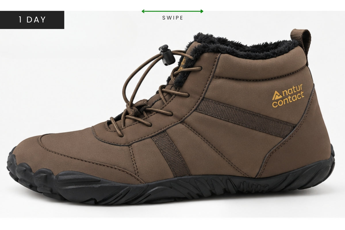 Side view of a brown Naturcontact Arctic Contact 4.0 barefoot boot, labelled “1 Day”, with a clean upper and black outsole.