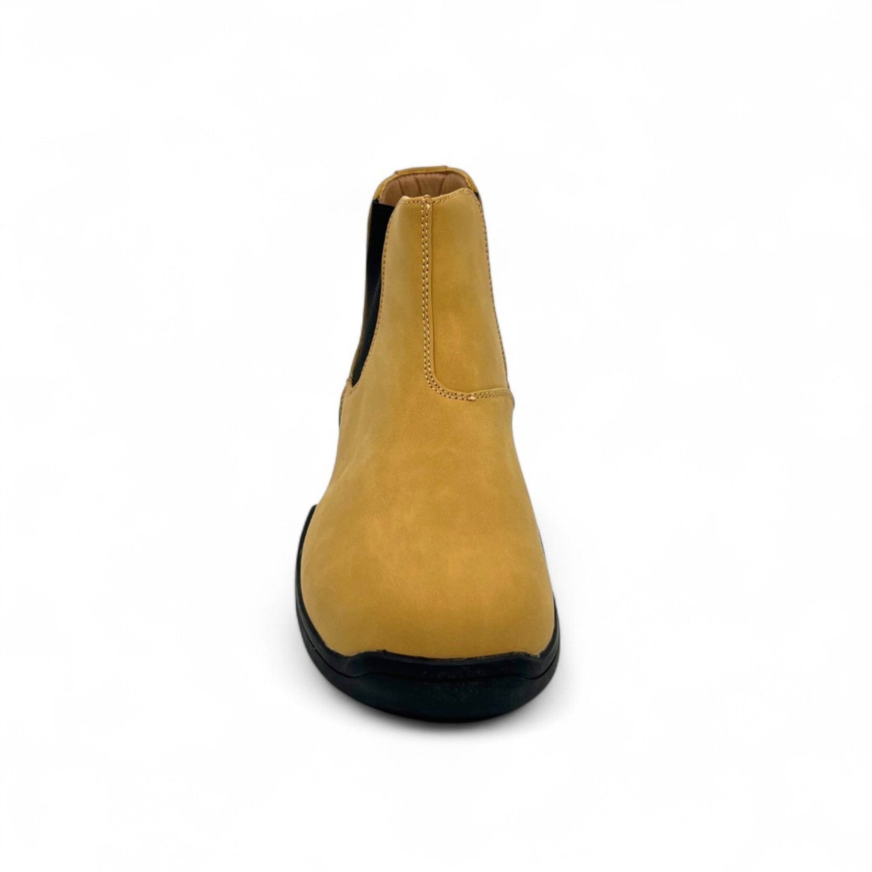 Tan ankle boot with black sole on a white background