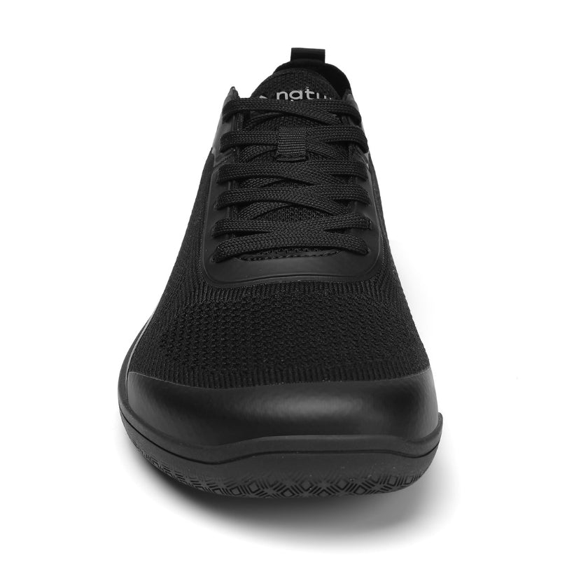 Front view of Aramid Contact 3.0 barefoot shoes in black with wide toe box for natural movement