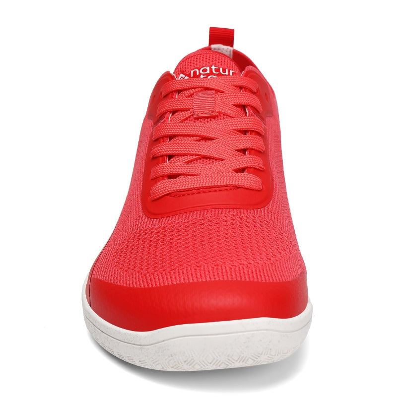 Front view of Aramid Contact 3.0 barefoot shoes in coral red with wide toe box for natural movement