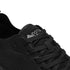 Detail of breathable knit upper and laces on Aramid Contact 3.0 barefoot shoes in black