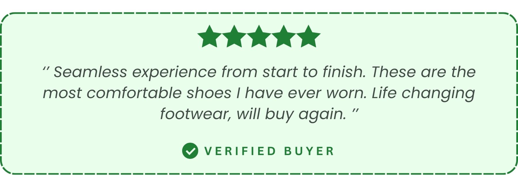 Five-star review for shoes with a green border and verified buyer badge.