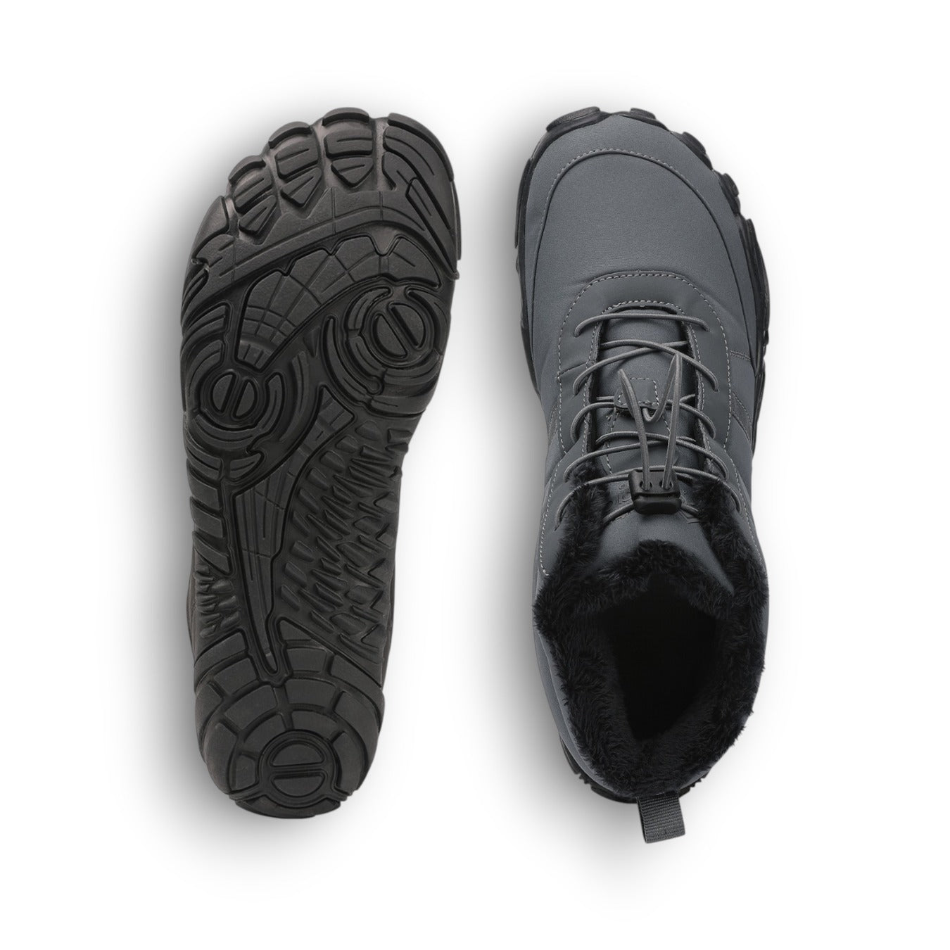 Black winter boot with detailed sole design on a white background